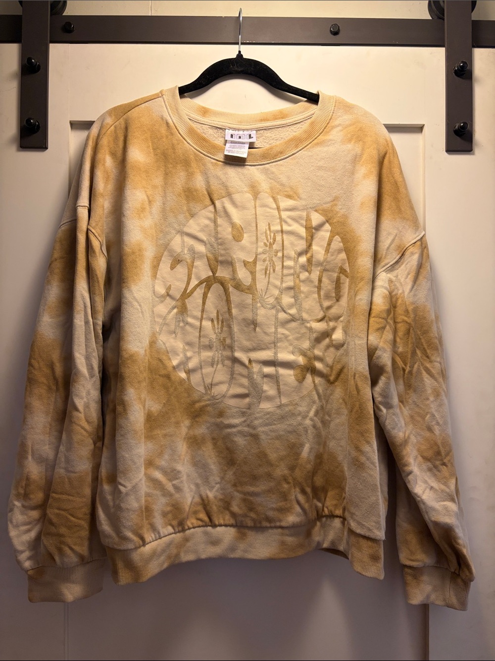 Beige Tie-Dye Crewneck Sweatshirt with Subtle Embossed Graphic - Women